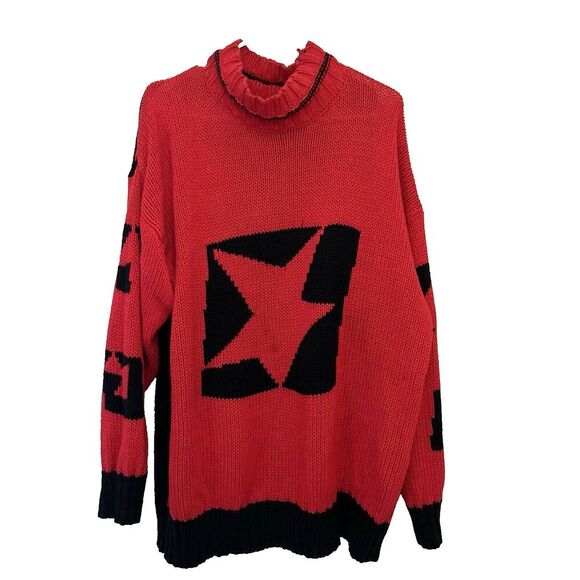 Vtg Esprit Red Black Star Sweater Cotton Sport 90s Y2K Large Womens Retro Punk - Picture 1 of 10